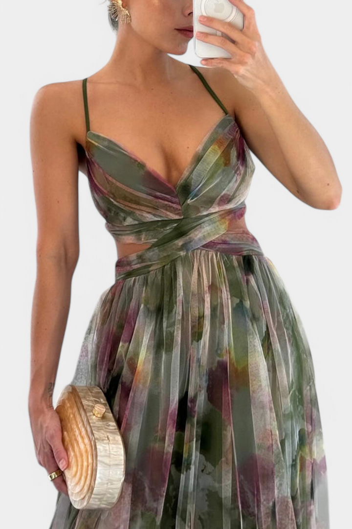 Макси рокля Магдалена с цветен десен и V-образно деколте