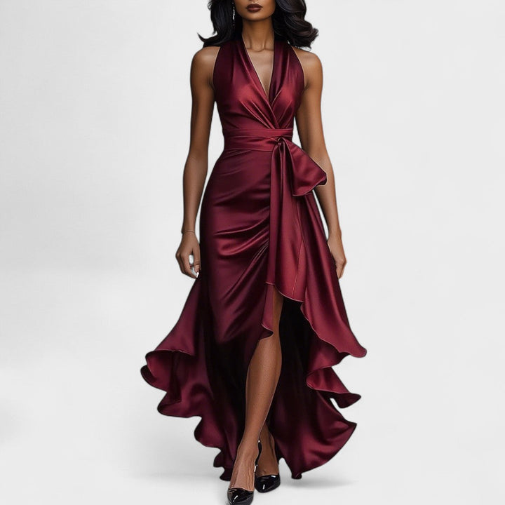 Ема - Сатенена официална рокля с volani