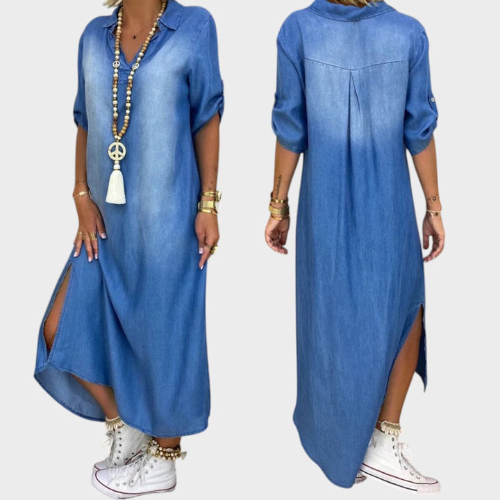 Maja™ – Дънкова рокля с цепка отстрани