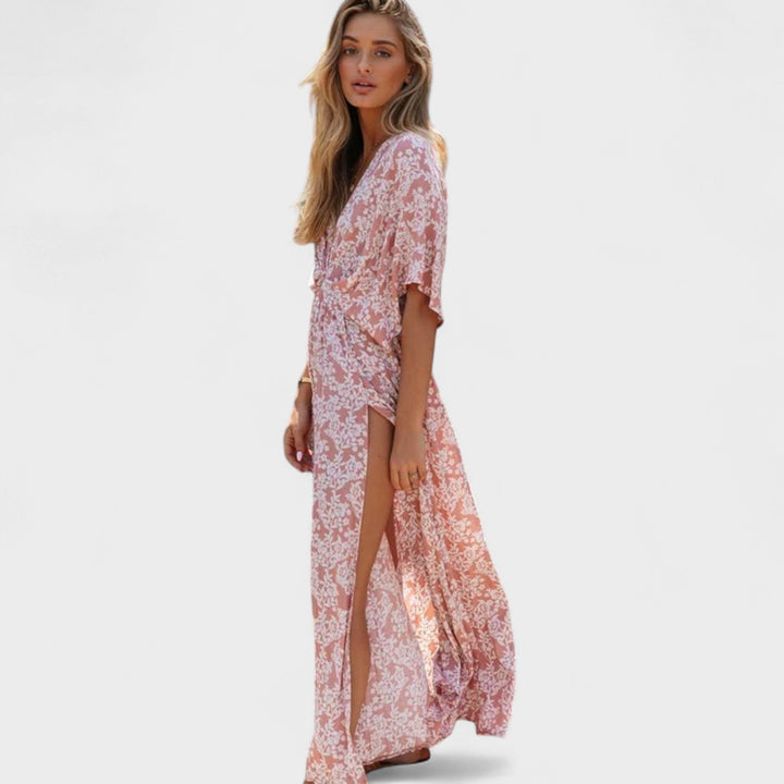 Вилма - Розова бохо рокля с разрез