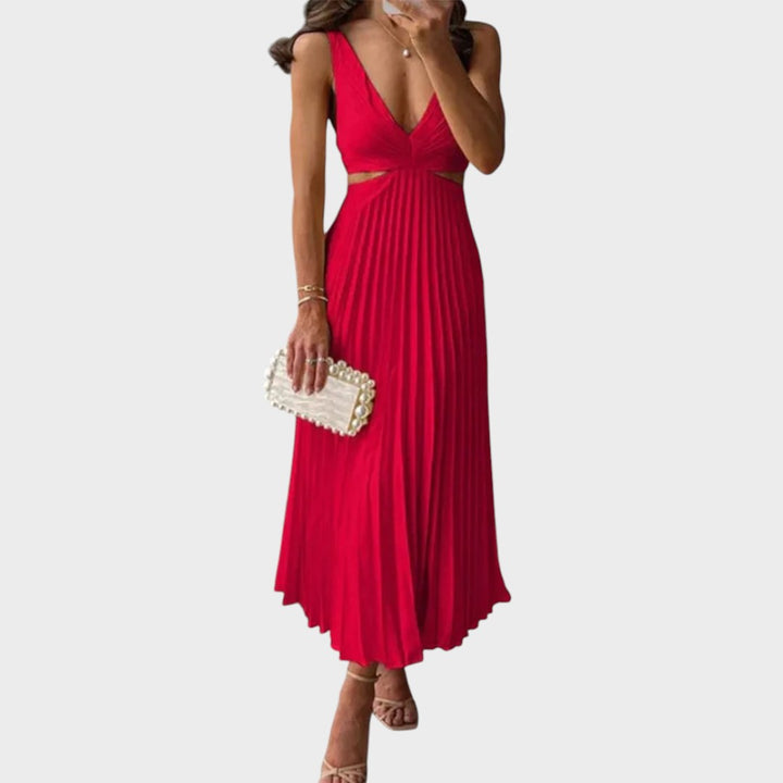 Катарина - Елегантна Рокля с V-образно Деколте и Плисирана Поличка