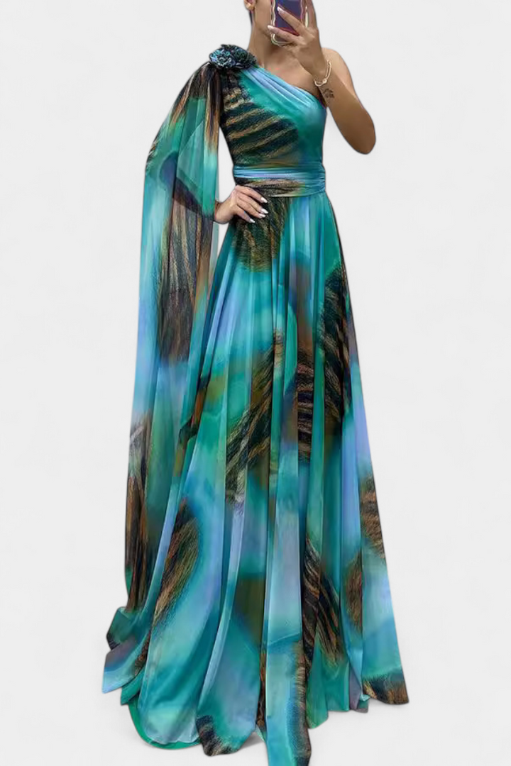 Дълга рокля Нивес с едно рамо и цветен детайл