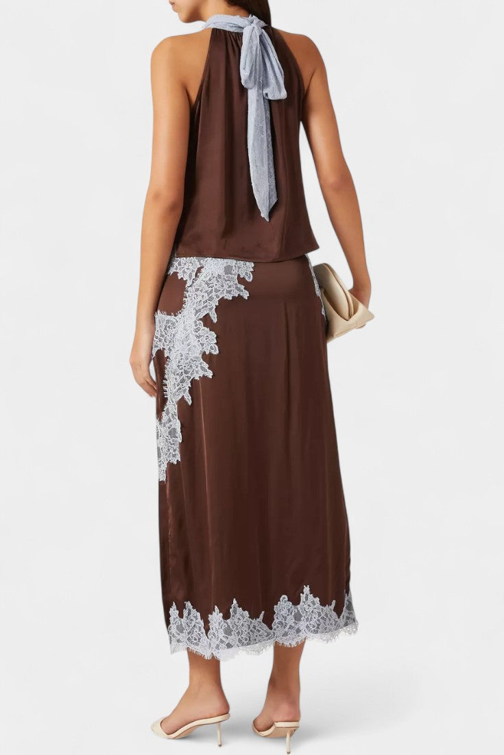 Драгийца Комплект Топ и Пола с Контрастни Чипкови Пана