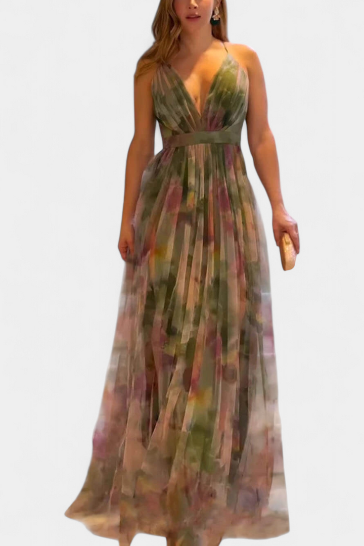 Макси рокля Магдалена с цветен десен и V-образно деколте