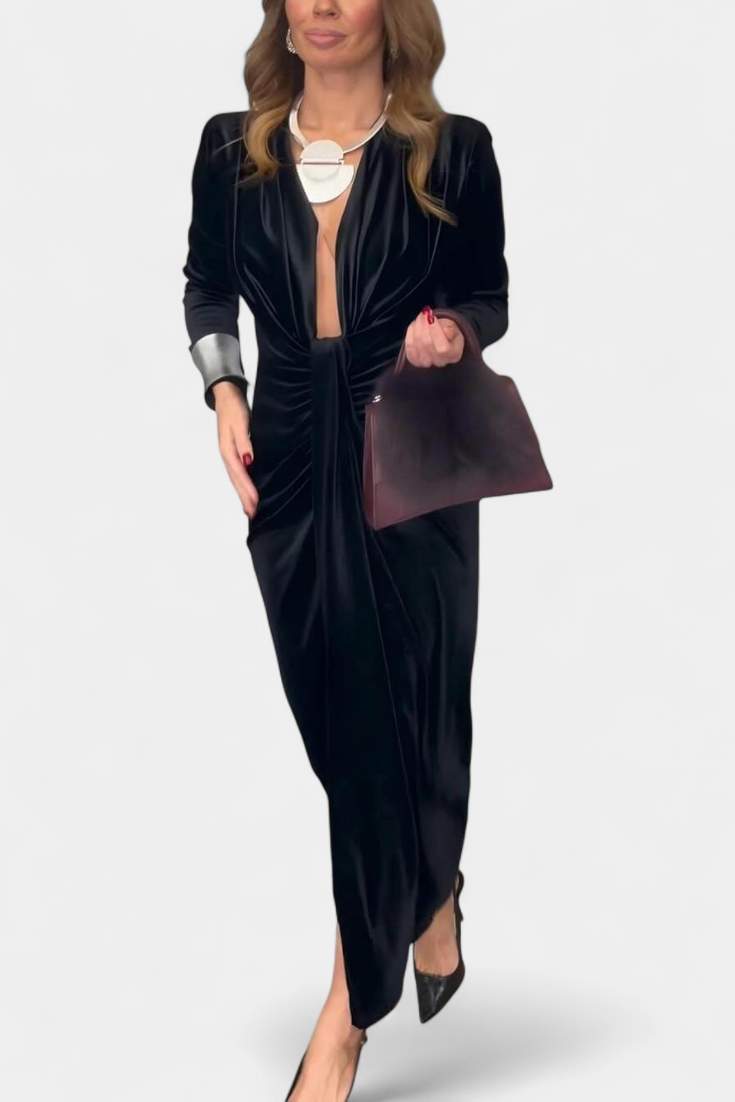 Вилма Дълга Рокля от Златен Бархет с V-Изрез