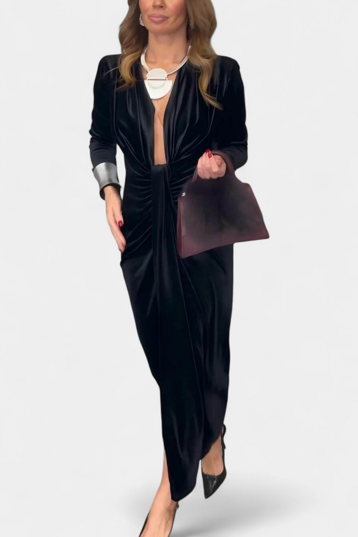 Вилма Дълга Рокля от Златен Бархет с V-Изрез