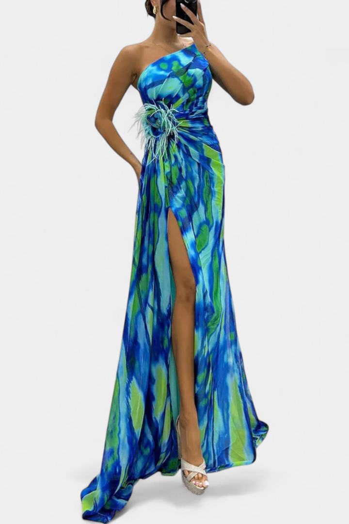 Бланка Макси Асиметрична Рокля с Вибрантен Узор