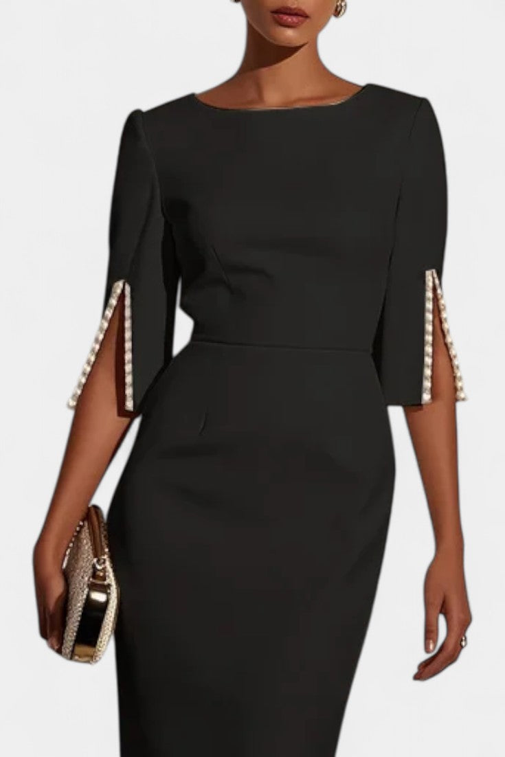 Весна Миди Рокля с Перлени Детайли и Кръгло Деколте