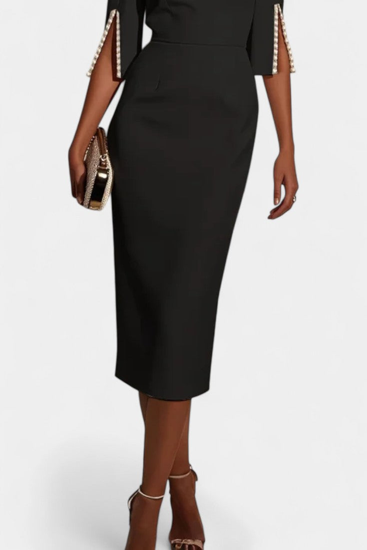 Весна Миди Рокля с Перлени Детайли и Кръгло Деколте