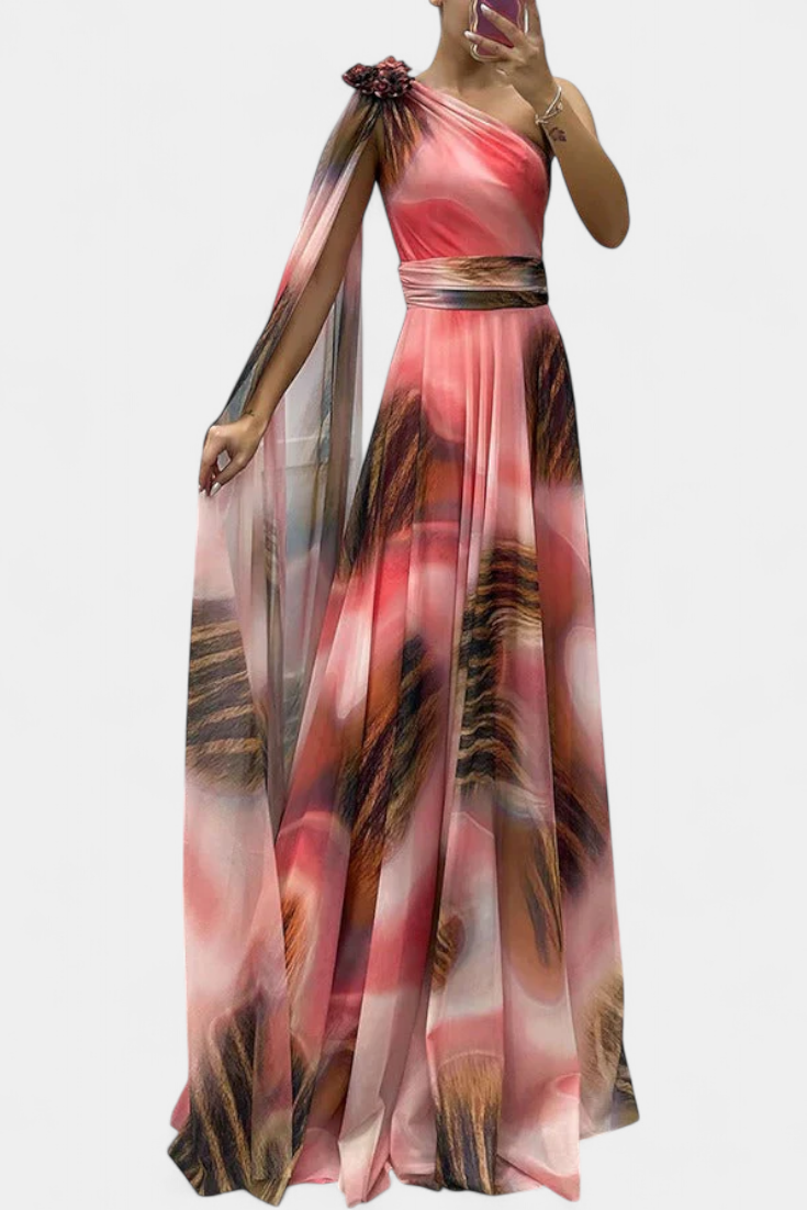 Дълга рокля Нивес с едно рамо и цветен детайл