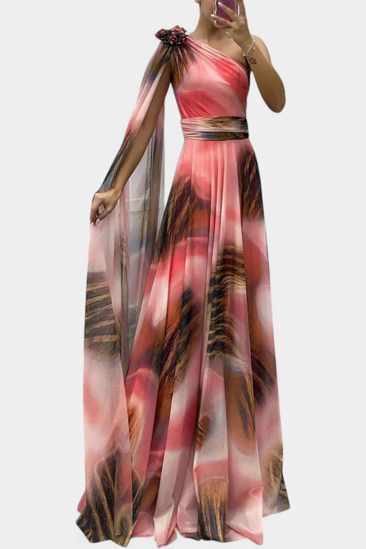 Дълга рокля Нивес с едно рамо и цветен детайл